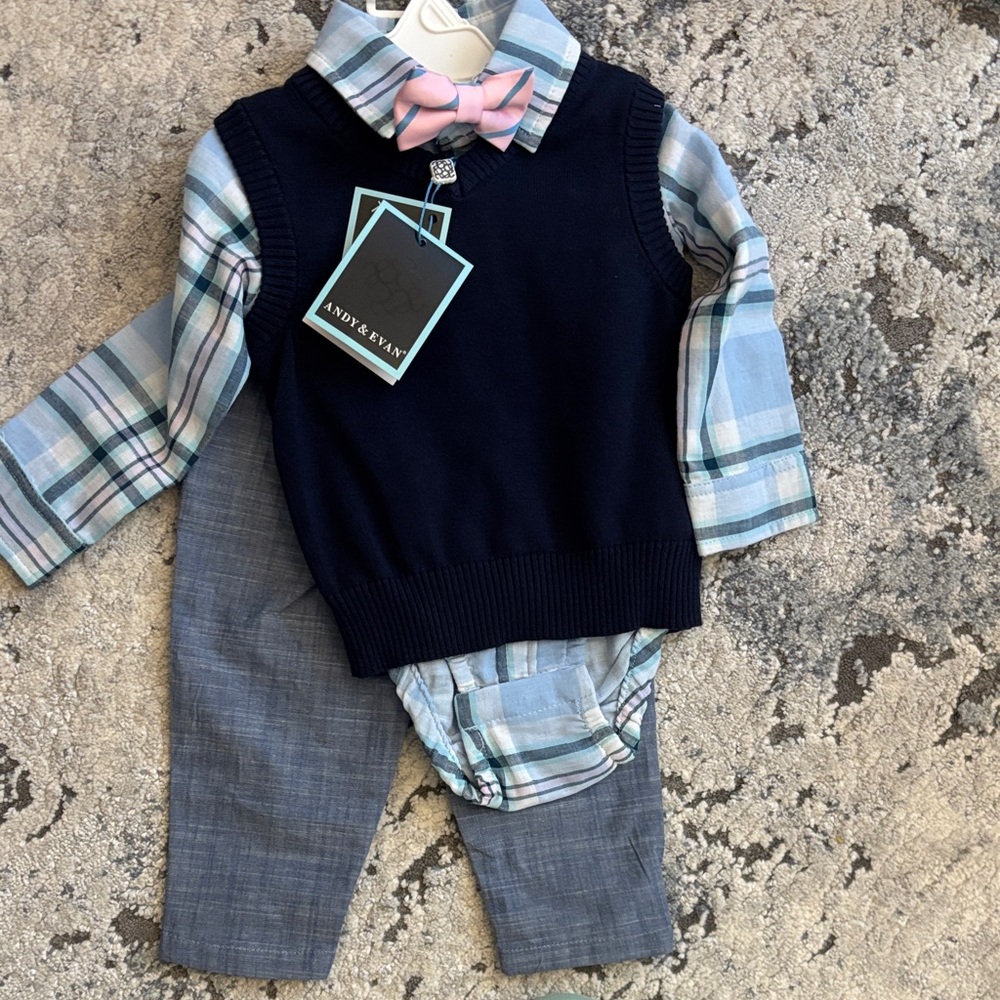 Andy & Evan Plaid Shirt and Navy Vest Set nwt 9-12 m